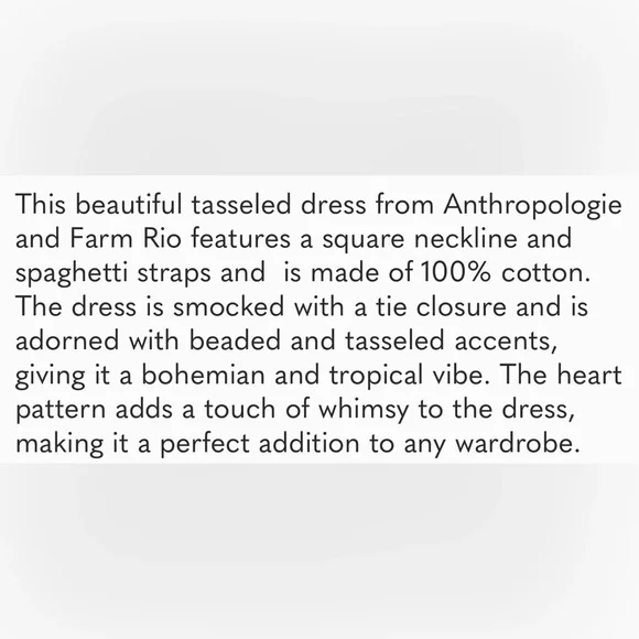 NWOT ~ Farm Rio & Anthropology Smocked, Tassled Straps, Beach Dress Cover Up. - Picture 5 of 5